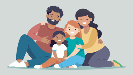 A happy, diverse family of four is shown in a close embrace, smiling and portraying strong bonds. The image is warm and colorful, framed with a portrait-style border.