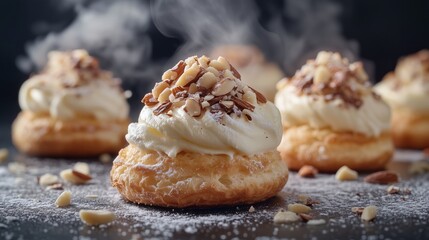 a macro shot of cream puffs with one filled and topped with almond nuts, steam coming from the pastry, against a dark background