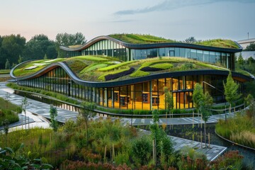 Fototapeta premium Modern Glass House at Sunset with Reflective Pool and Lilypads in Tranquil Garden