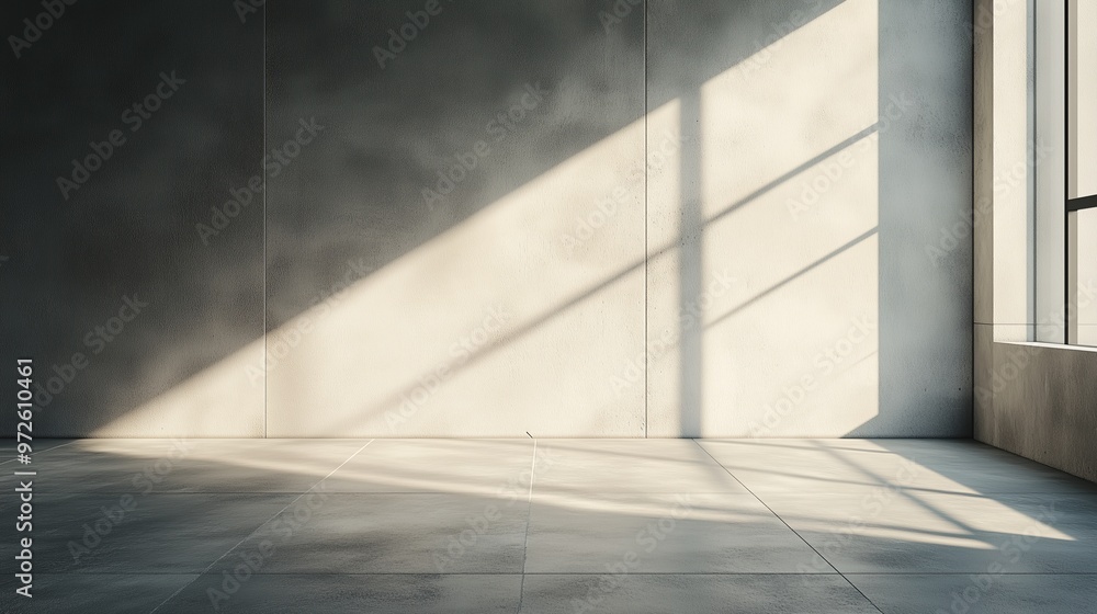 Poster a photograph of an empty room with concrete walls and floor, sunlight shining through the window cre