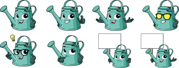 Obraz premium Cartoon watering can mascot character. Vector illustrations bundle with each image on a separate layer.