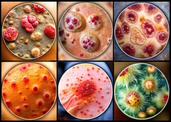 Illuminated microscopy images of various skin infection types, including impetigo, ringworm, and staph infection,