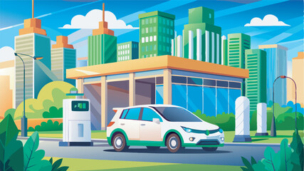 Obraz premium A white electric SUV at a city charging station, fully charged. Urban skyline background, eco-friendly vibe with greenery and streetlights.