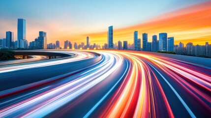 Obraz premium A city skyline with a long exposure of cars on the road, AI