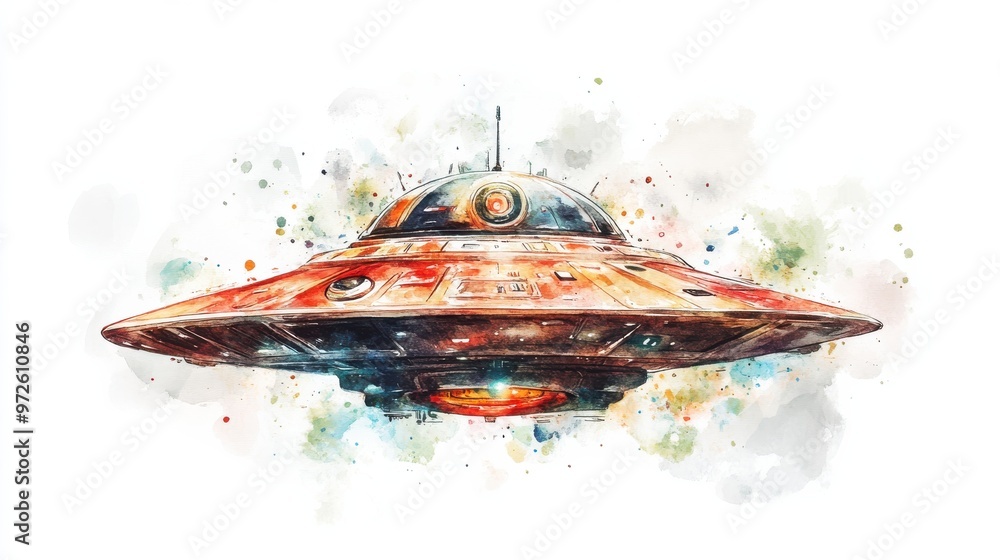 Poster A colorful artistic rendering of a UFO hovering above a vibrant cosmic background with splashes of paint