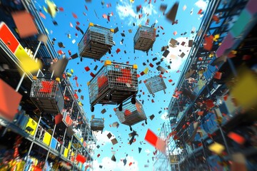 Abstract surreal city landscape with levitating colorful boxes and debris