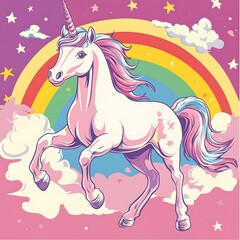 Naklejka premium A Pink Unicorn with a Rainbow and Stars