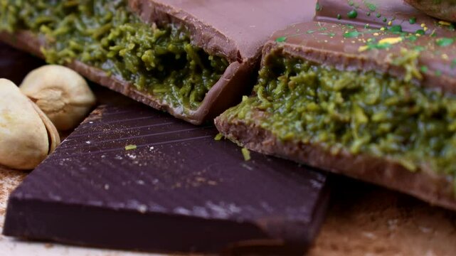 Dubai Chocolate bar with green kadayif and pistachio spread circle rotation close up