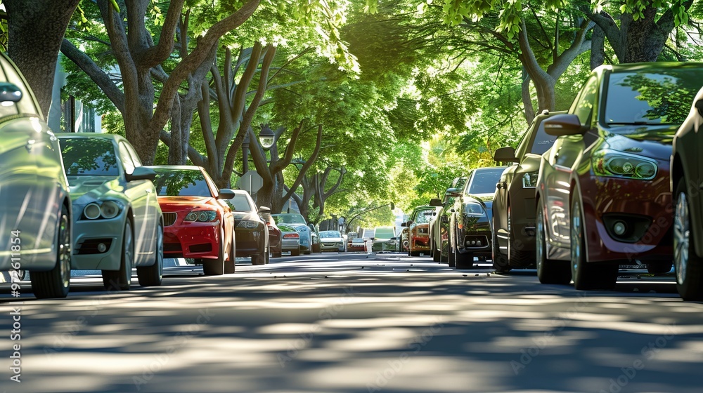Poster a row of cars are parked on a street with trees in the background