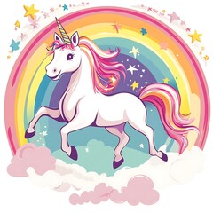 White unicorn with pink and yellow mane and tail jumping over a rainbow with stars
