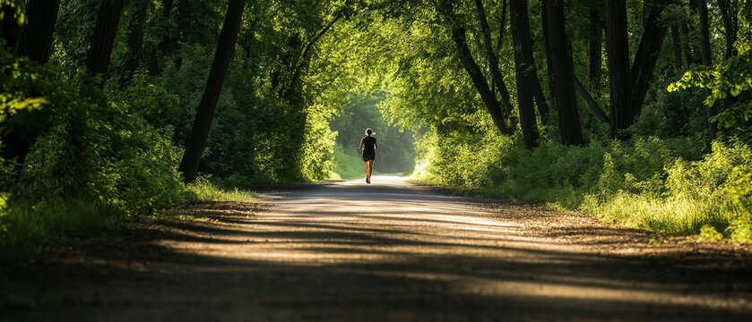 A solitary runner jogging through a forest path surrounded by tall trees and dappled sunlight in early morning