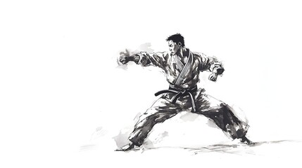 Powerful Martial Performing Fierce Taekwondo Strike in Refined Sumi-e Ink Sketch