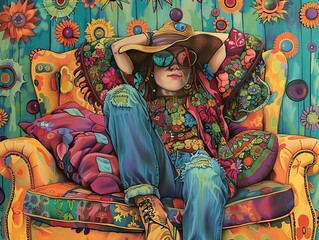 Colorful Woman Sitting in a Floral Chair