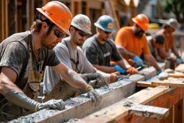 Construction Workers Building Wooden Framework on Site with Safety Gear and Tools