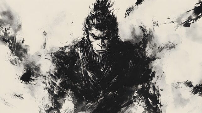 Dramatic Ink Wash of the Iconic Monkey King with Expressive Brushwork