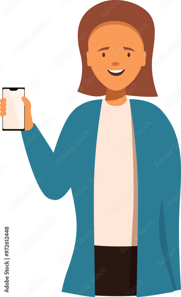 Poster smiling woman showing smartphone empty screen presenting new app or website interface in cartoon sty