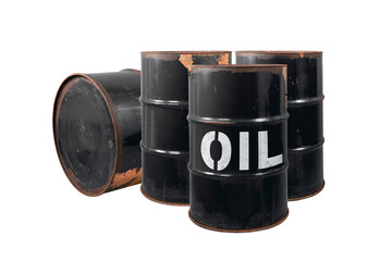 Barrel of oil. Rusty dangerous barrel with fuel or crude oil on isolated background