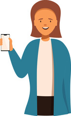 Smiling woman showing smartphone empty screen presenting new app or website interface in cartoon style