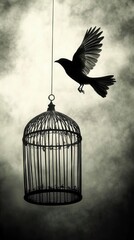 A bird flying away from an empty birdcage, [freedom], [metaphor for loss]