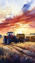 Fototapeta premium A red tractor transporting hay bales at sunset in a serene countryside landscape with vibrant skies and golden fields