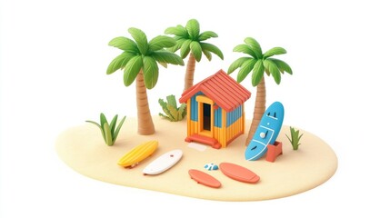 Isometric View of a Miniature Beach Scene with Palm Trees, Surfboards, and a Hut on White Background