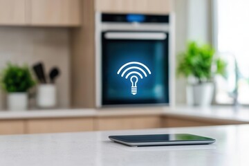 A kitchen using smart technology to monitor energy usage, making the space more efficient and reducing waste, smart technology eco-kitchen, energy-monitoring system