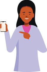 Smiling woman showing her smartphone and pointing at its blank screen