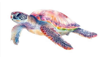 Fototapeta premium A vibrant sea turtle gracefully swims through crystal-clear waters with colorful coral reefs in the background during a sunny day