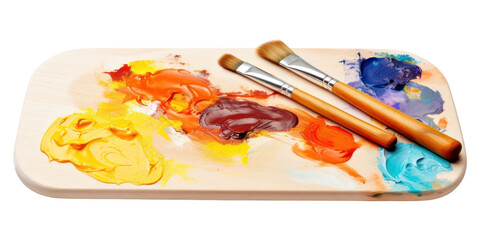 Obraz premium PNG Wooden art palette with blobs of paint and a brushes white background paintbrush creativity.