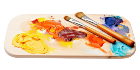 PNG Wooden art palette with blobs of paint and a brushes white background paintbrush creativity.