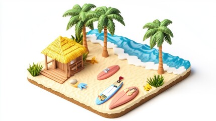 Obraz premium Isometric View of a Miniature Beach Scene with Palm Trees, Surfboards, and a Hut on White Background