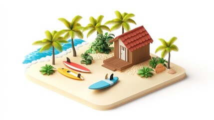 Obraz premium Isometric View of a Miniature Beach Scene with Palm Trees, Surfboards, and a Hut on White Background