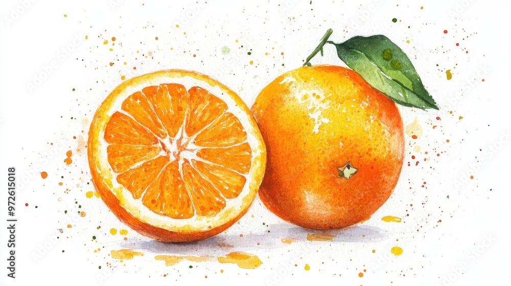 Poster freshly sliced orange and whole fruit against a colorful splattered background capturing the essence