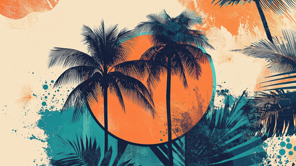 Vibrant vintage-inspired collage featuring palm trees within a circular frame, surrounded by abstract summer motifs in warm, citrusy shades of orange and turquoise.