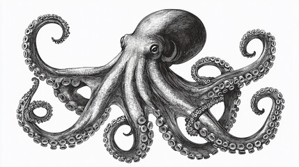 Vintage engraved illustration of an octopus (Octopus vulgaris). The highly detailed monochromatic artwork features the marine creature with its tentacles spread © Екатерина Чумаченко
