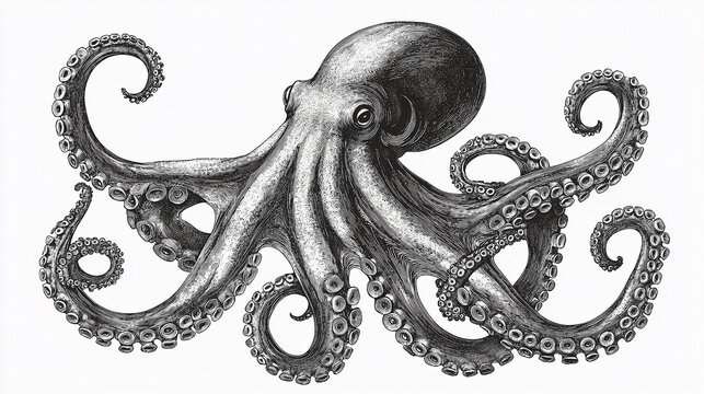 Vintage engraved illustration of an octopus (Octopus vulgaris). The highly detailed monochromatic artwork features the marine creature with its tentacles spread