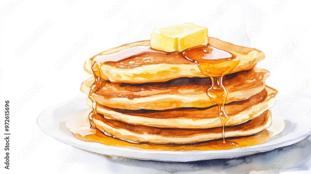 Poster Delicious stack of pancakes with melting butter and syrup on a plate ready for breakfast, garnished with warm golden syrup and fluffy layers
