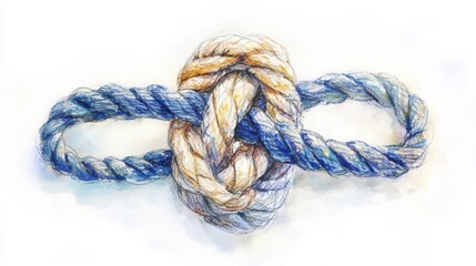 Intricate blue and beige knot tied with thick rope resting on a textured surface in a well-lit environment