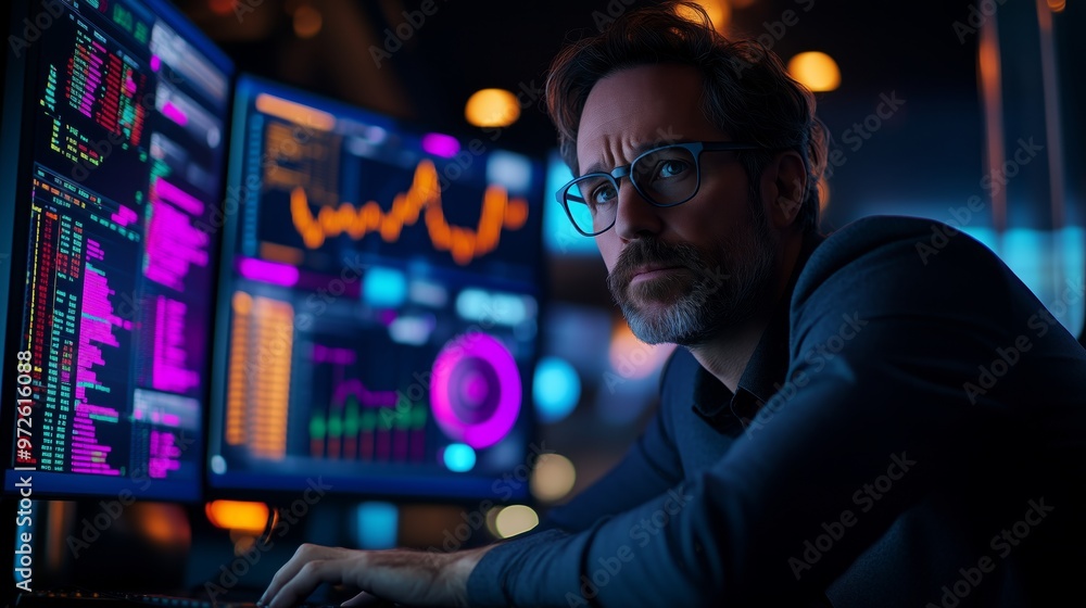 Poster a stock broker thinks about how to make money by trading on the computer, in front of three large cu