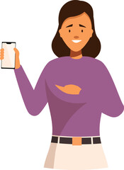 Smiling happy business woman presenting new mobile phone application, website or service