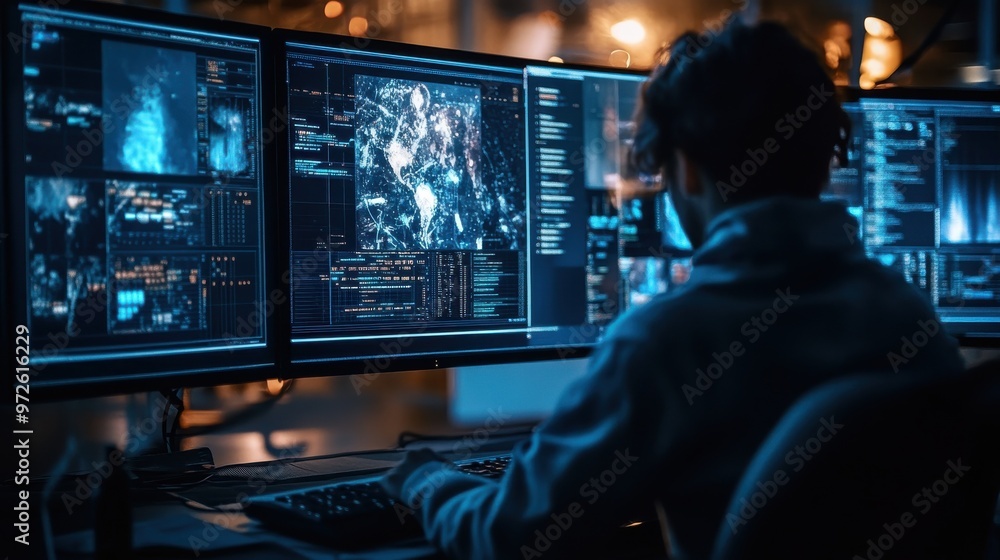 Aufkleber a person analyzes complex data visualizations in a dimly lit tech workspace with multiple screens at