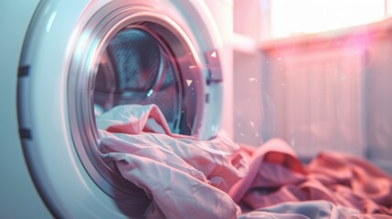 An indoor laundry room with fresh laundry tumbling in a washing machine during afternoon sunlight