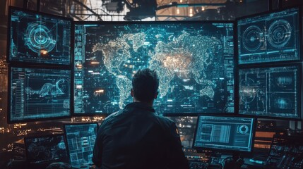 A computer operator monitors global data trends at a high-tech control center during nighttime hours showcasing advanced technology and analytics