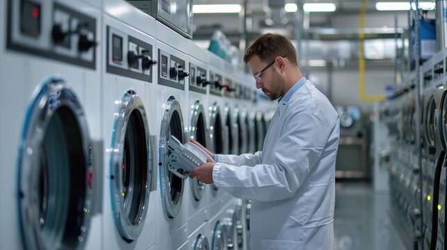 An employee in a lab coat inspecting washing machines at a commercial laundry facility during working hours