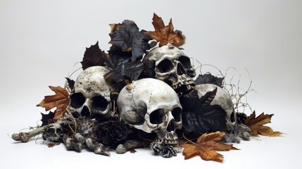 Skulls and leaves are piled on top of each other