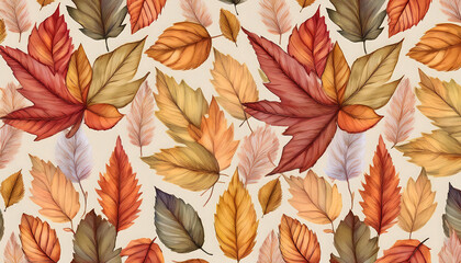 Fototapeta premium Seamless pattern of autumn leaves, painted in watercolor, perfect for festive fall decorati_1(747)