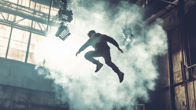 A dancer performs a high jump in a smoky warehouse during an evening rehearsal showcasing dynamic movement and energy - Powered by Adobe