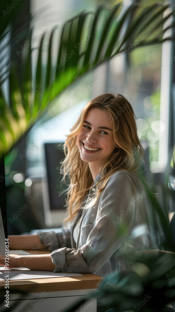 Poster a woman is sitting at a desk with a computer in front of her