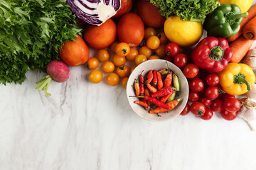 Vegan Vegetable Background Frame on Marble Table.