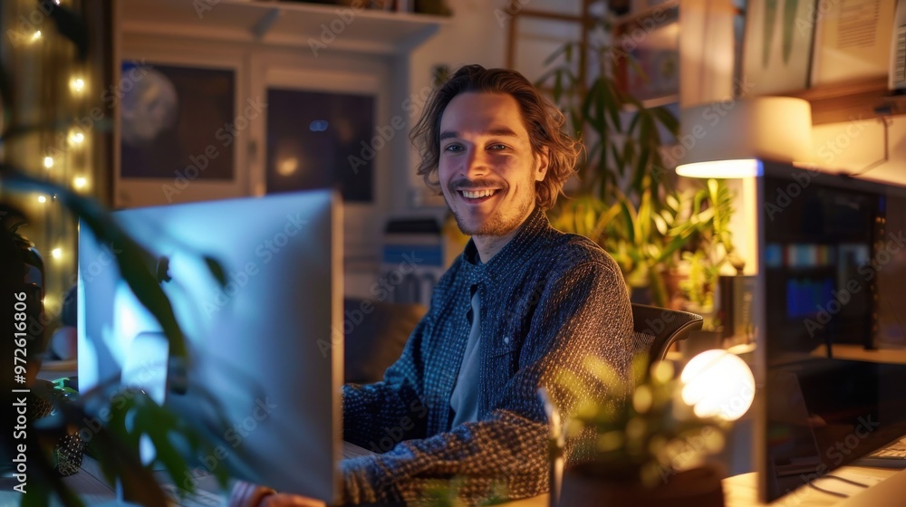 Aufkleber A man is sitting at a desk with a computer monitor in front of him